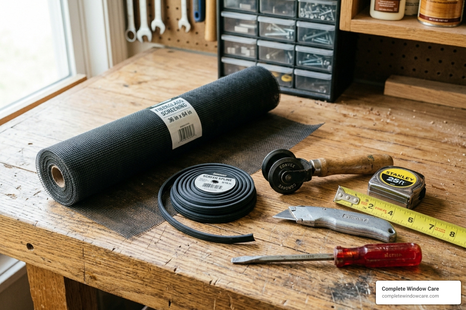 Basic window screen repair kit including mesh, spline, and roller tool - window screen and frame repair