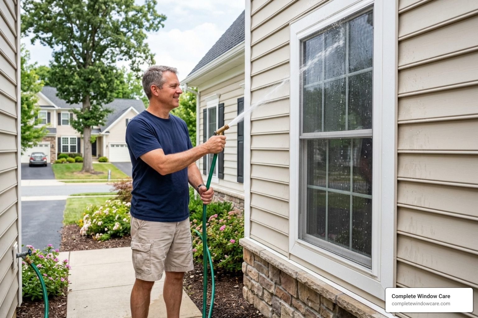 Homeowner performing a hose test on an exterior window - leak around window fix