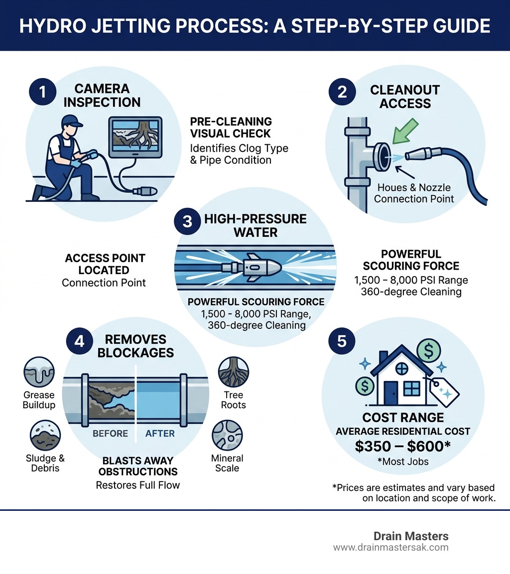 Infographic showing the hydro jetting process: camera inspection, cleanout access, pressure levels, what it removes, and