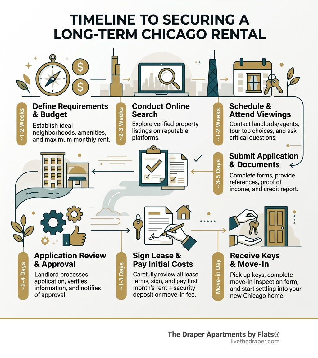 Timeline infographic: steps and durations for securing a long-term Chicago rental - long term chicago rentals infographic 