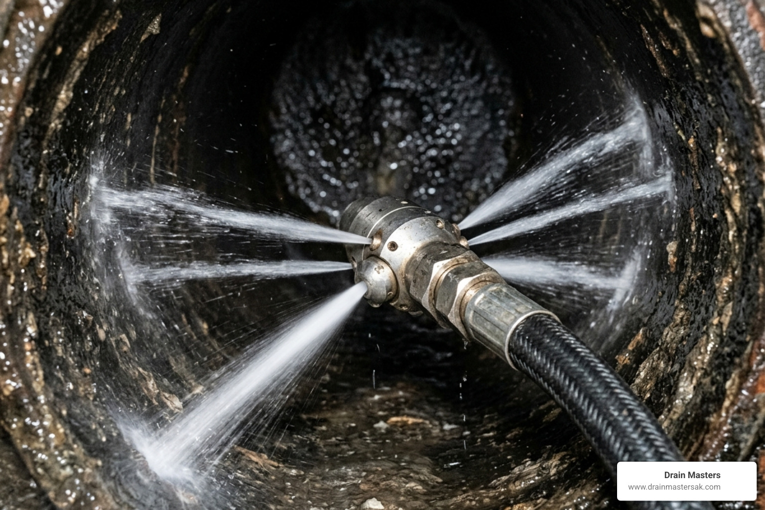 Professional hydro jetting nozzle emitting high-pressure water streams in multiple directions - hydro jetting drain pipes