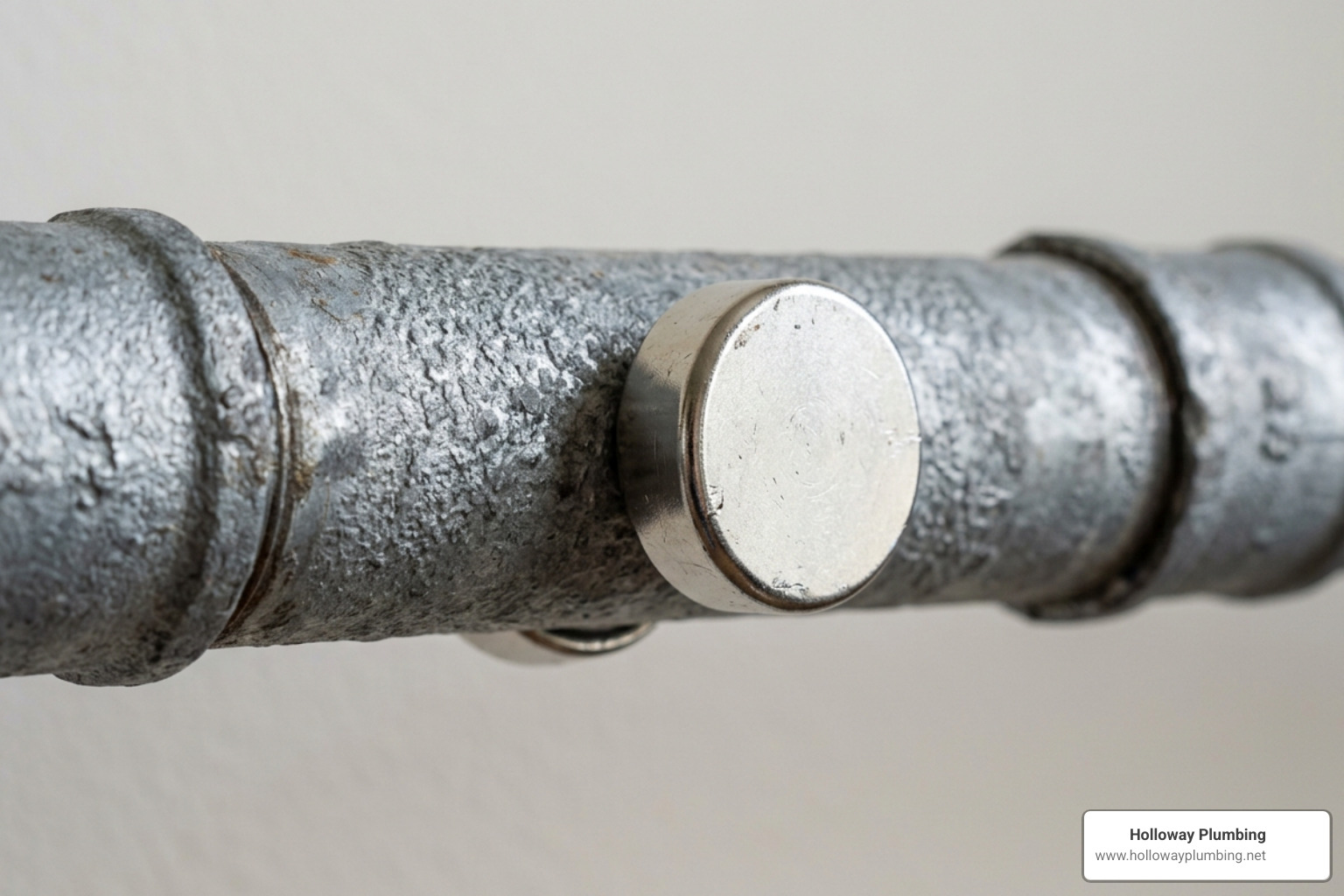Magnet sticking to a silver-colored galvanized plumbing pipe - repair galvanized pipe Magnet sticking to a silver-colored galvanized plumbing pipe - repair galvanized pipe