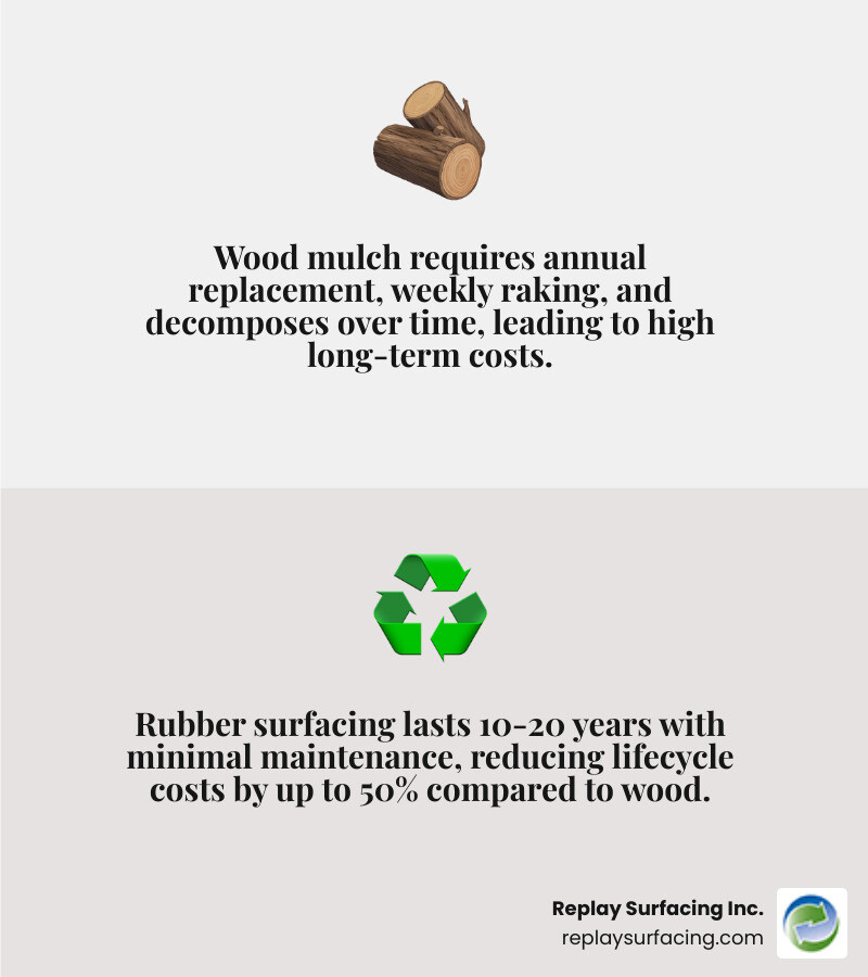 Infographic comparing the maintenance requirements and lifespans of wood mulch versus recycled rubber surfacing - playground