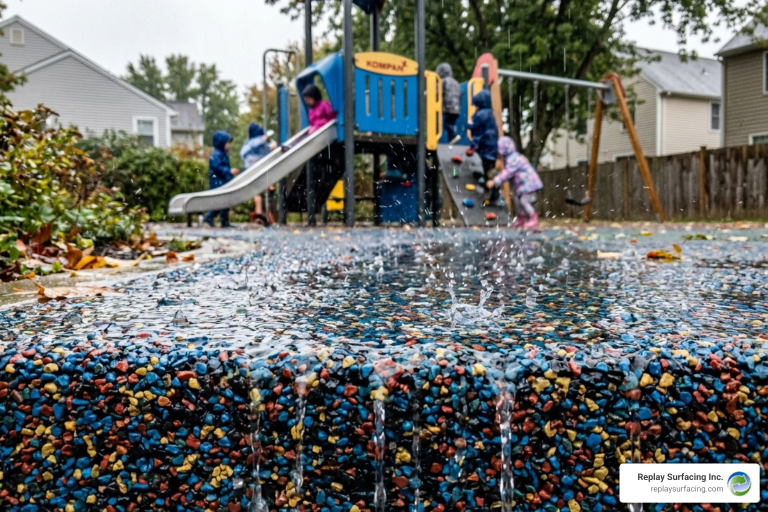Close-up of porous rubber surfacing showing how water drains through the material during a rainstorm - playground fall proof