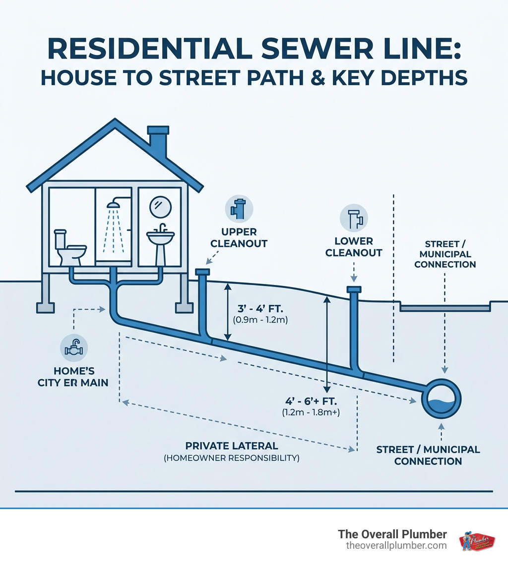 Infographic showing the path of a residential sewer line from house fixtures to the street, with cleanout locations and
