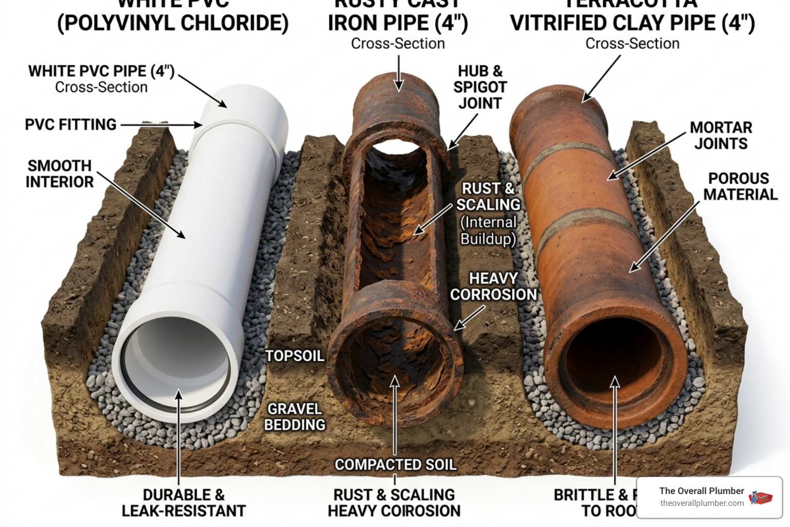 Diagram showing different sewer pipe materials including PVC, cast iron, and clay - locate sewer line in yard