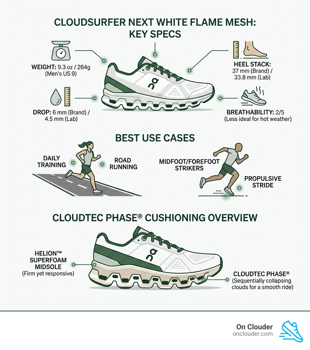 Infographic showing Cloudsurfer Next White Flame key specs, best use cases, and CloudTec Phase cushioning overview
