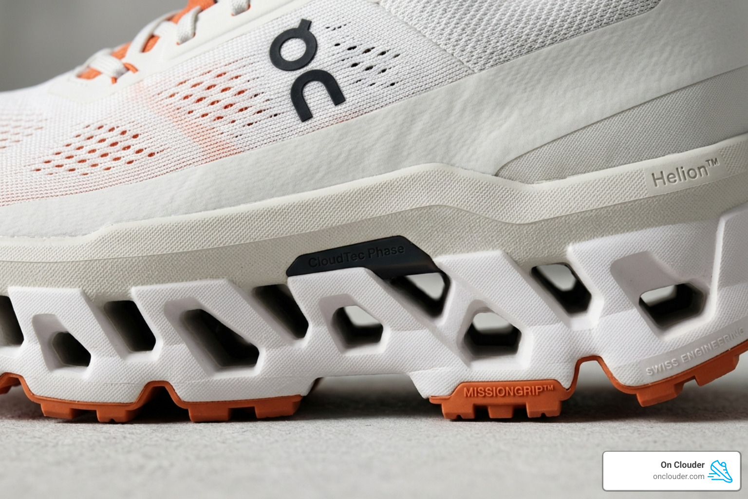 Detailed view of the Cloudsurfer Next midsole construction showing Helion foam and CloudTec Phase cavities - cloudsurfer