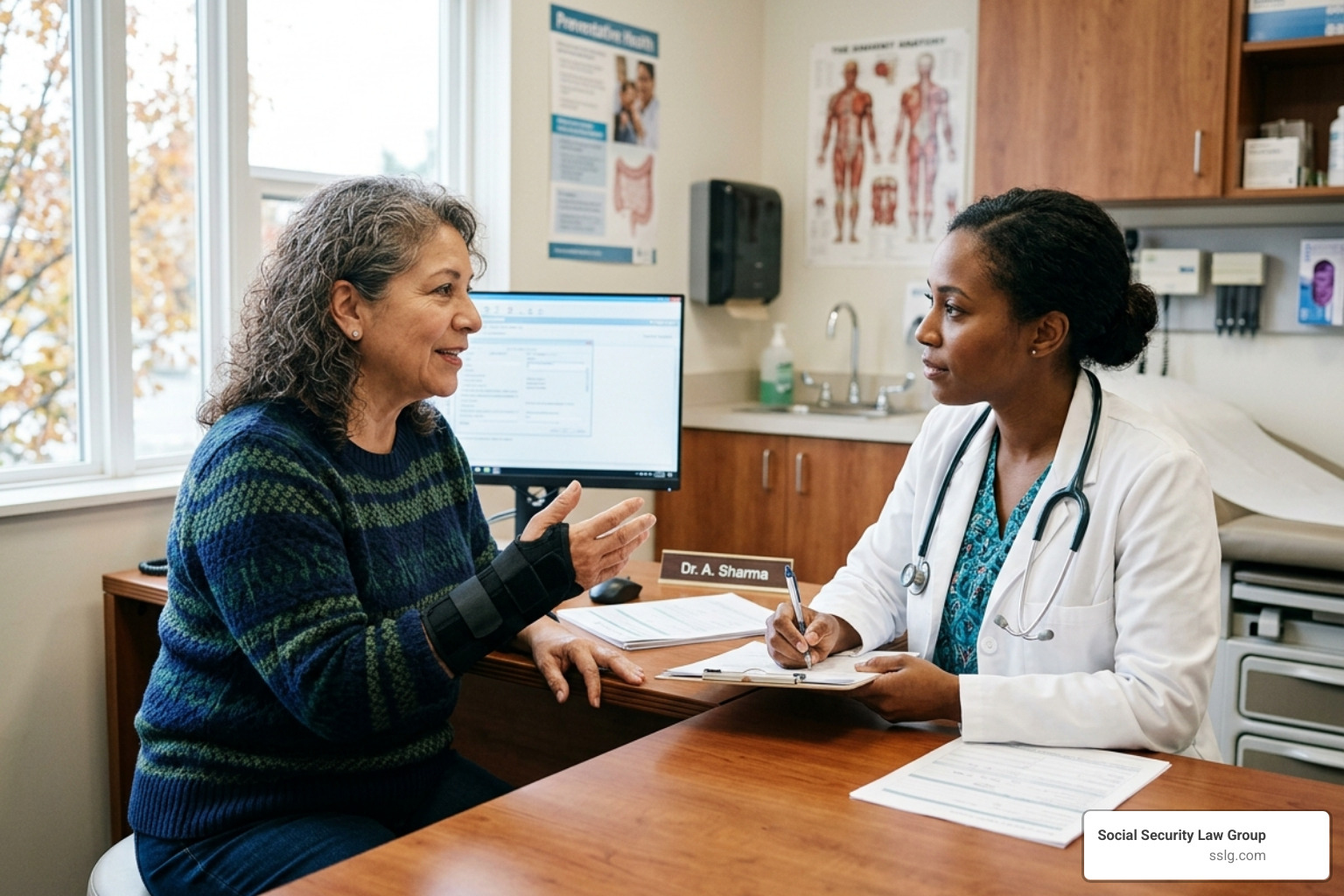 A person approximately 60 years old in a medical consultation discussing their health with a doctor - disability attorneys A person approximately 60 years old in a medical consultation discussing their health with a doctor - disability attorneys