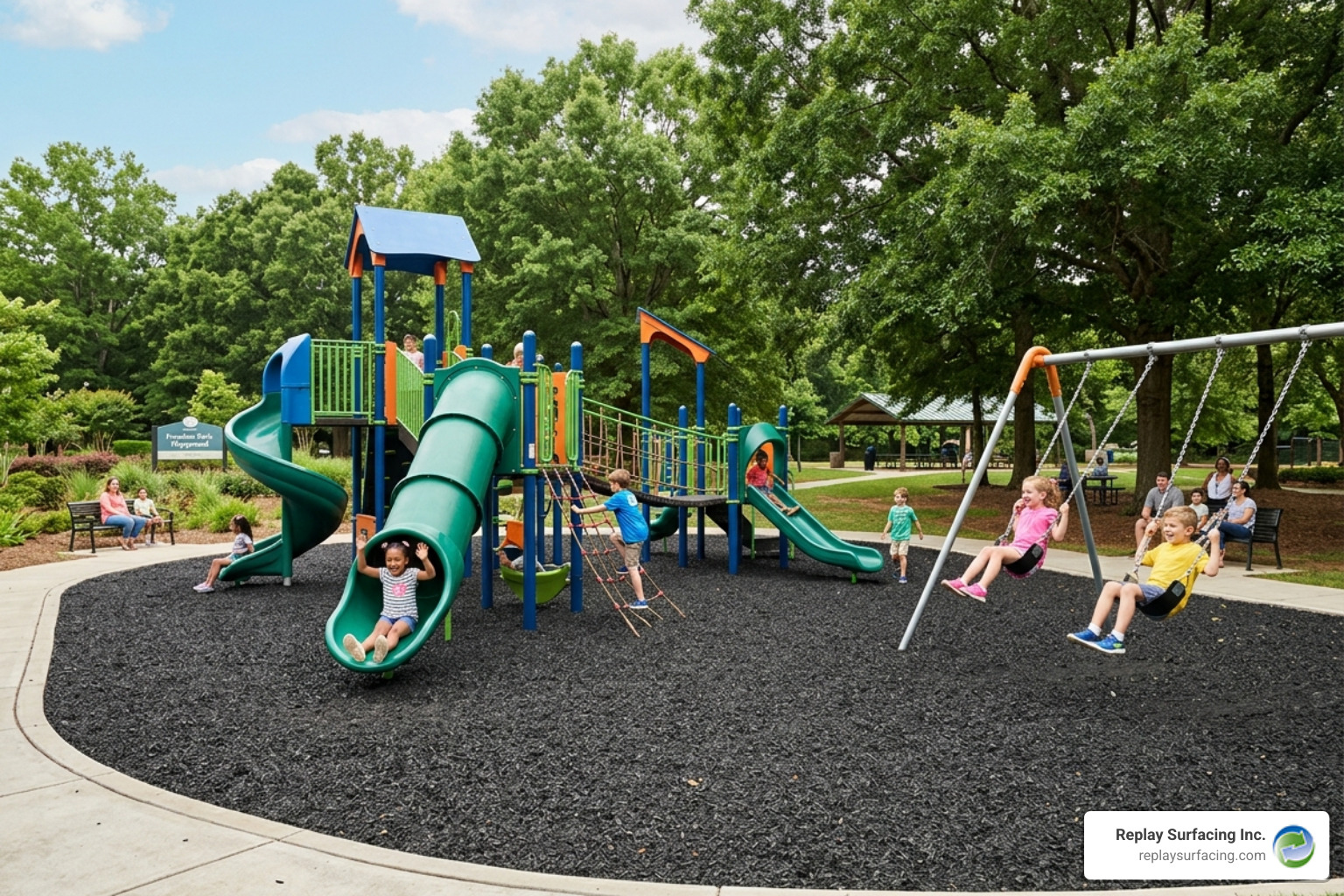 Commercial playground in Charlotte NC featuring rubber mulch installation - rubber mulch fall height