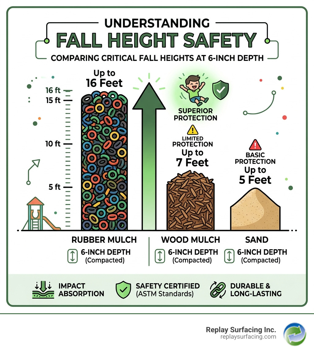 Infographic showing rubber mulch fall height ratings vs other playground surfaces at 6-inch depth - rubber mulch fall height