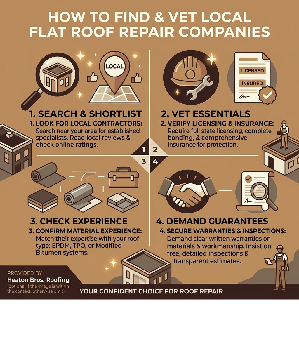 Infographic showing how to find and vet local flat roof repair companies, including licensing, materials, warranties, and Infographic showing how to find and vet local flat roof repair companies, including licensing, materials, warranties, and