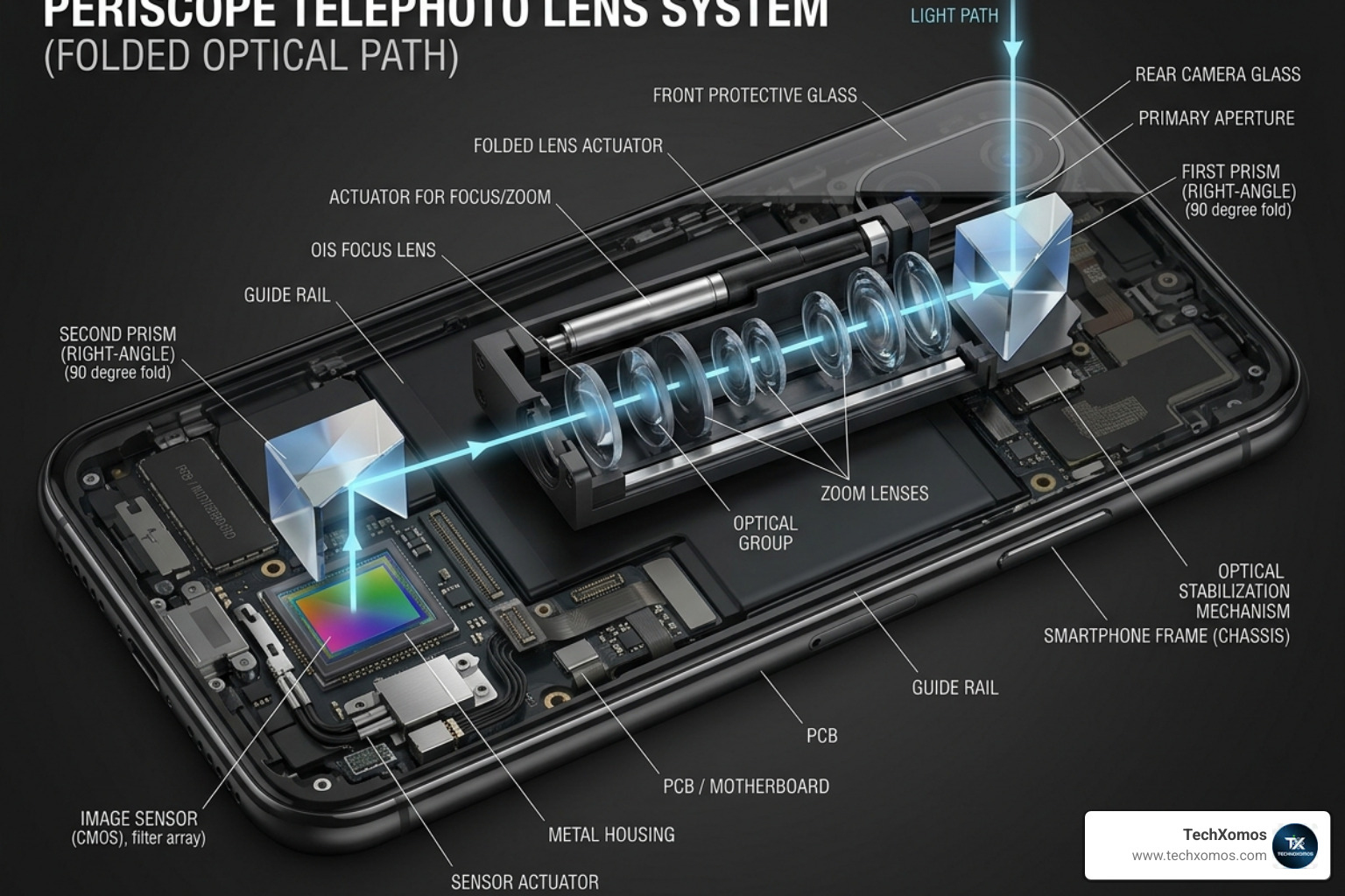 Smartphone periscope lens assembly - how light travels through a telephoto phone - best telephoto lens phone