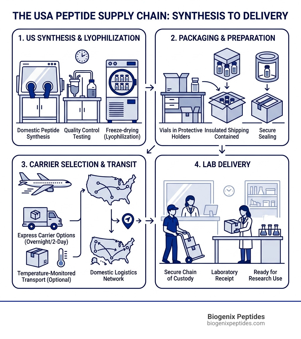 Infographic: peptide supply chain from US synthesis and lyophilization through packaging, carrier selection, and lab
