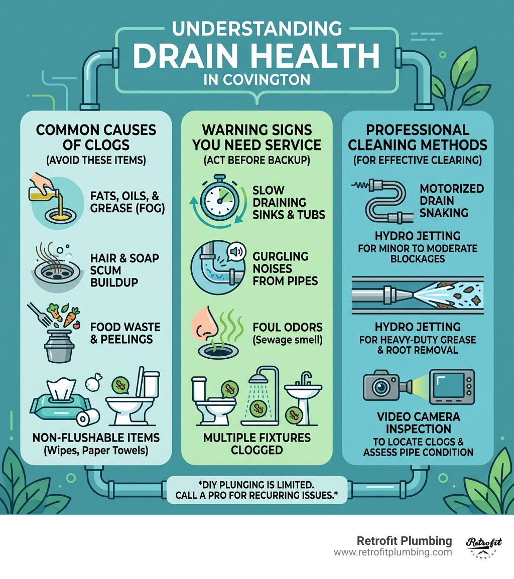 Infographic showing common causes of drain clogs, warning signs, and professional cleaning methods for Covington homeowners