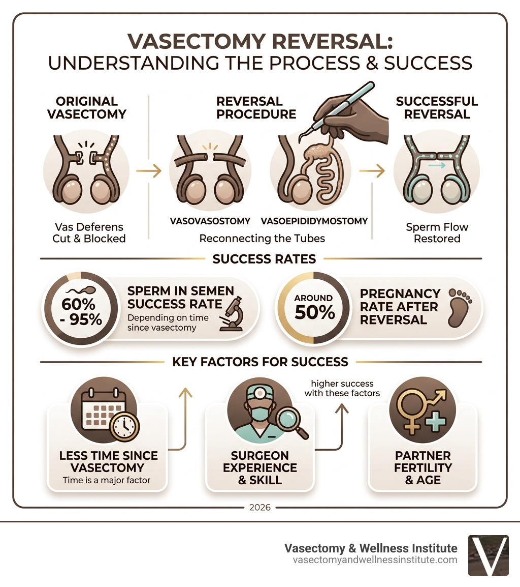 Infographic showing vasectomy reversal process, success rates, and key factors - can vasectomy be reversed infographic Infographic showing vasectomy reversal process, success rates, and key factors - can vasectomy be reversed infographic