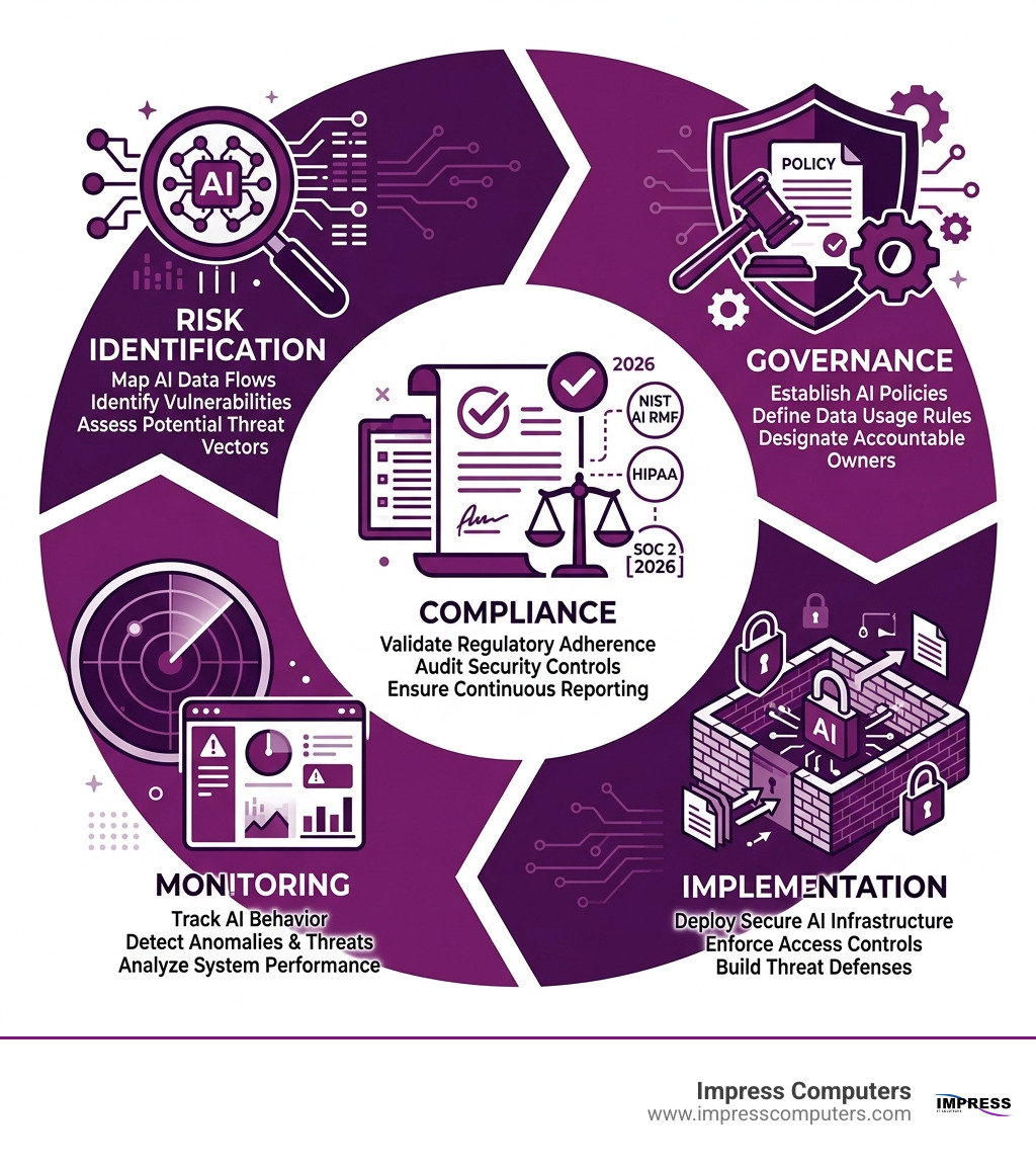 AI security lifecycle showing risk identification, governance, implementation, monitoring, and compliance stages - ai AI security lifecycle showing risk identification, governance, implementation, monitoring, and compliance stages - ai