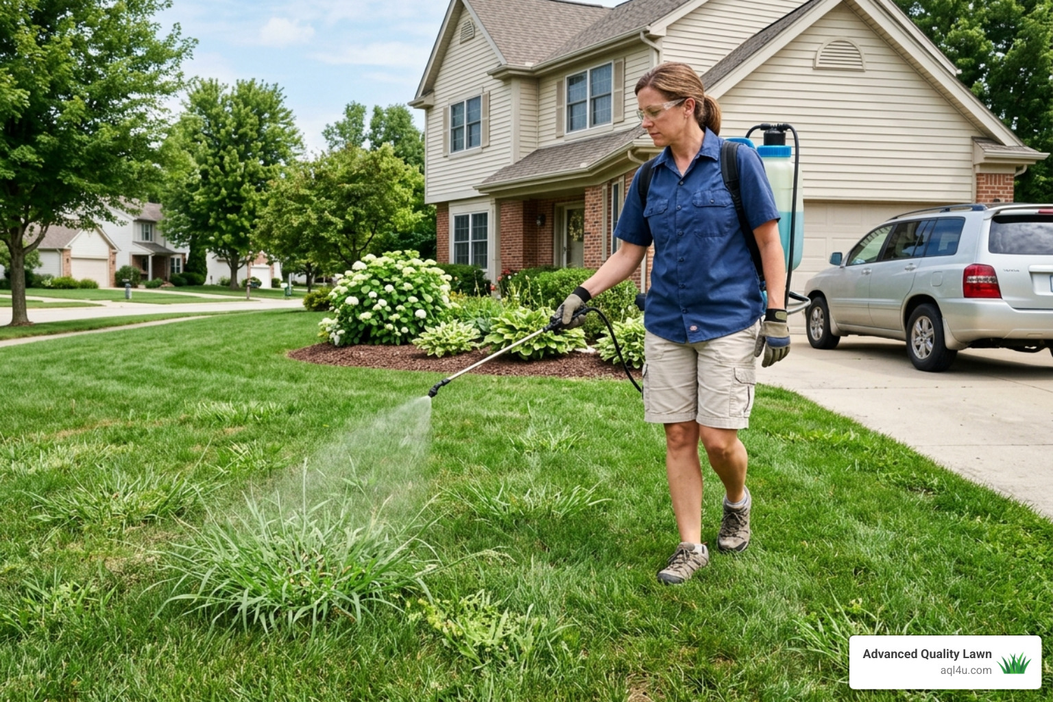 Applying post-emergent herbicide to a lawn. Best way to get rid of crabgrass in summer