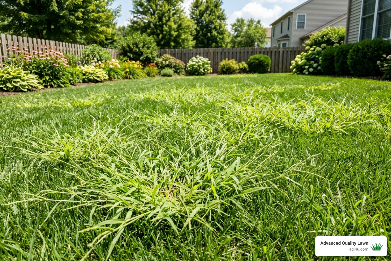 crabgrass invading a green summer lawn. Best way to get rid of crabgrass in summer