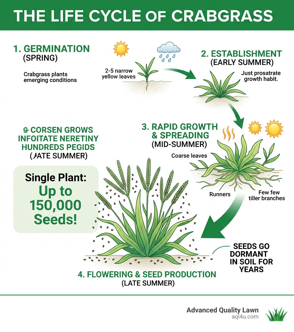 Crabgrass life cycle from germination in spring through seed production in late summer. Best way to get rid of crabgrass in