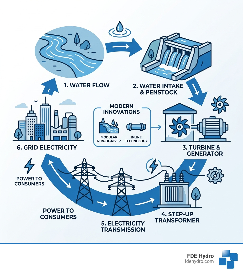 Modern hydropower solutions cycle from water flow to grid electricity infographic - Hydropower Solutions infographic 