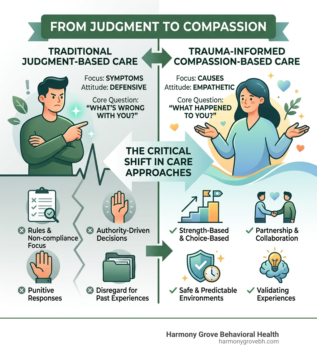 Infographic showing the shift from traditional judgment-based care to trauma-informed compassion-based care - trauma