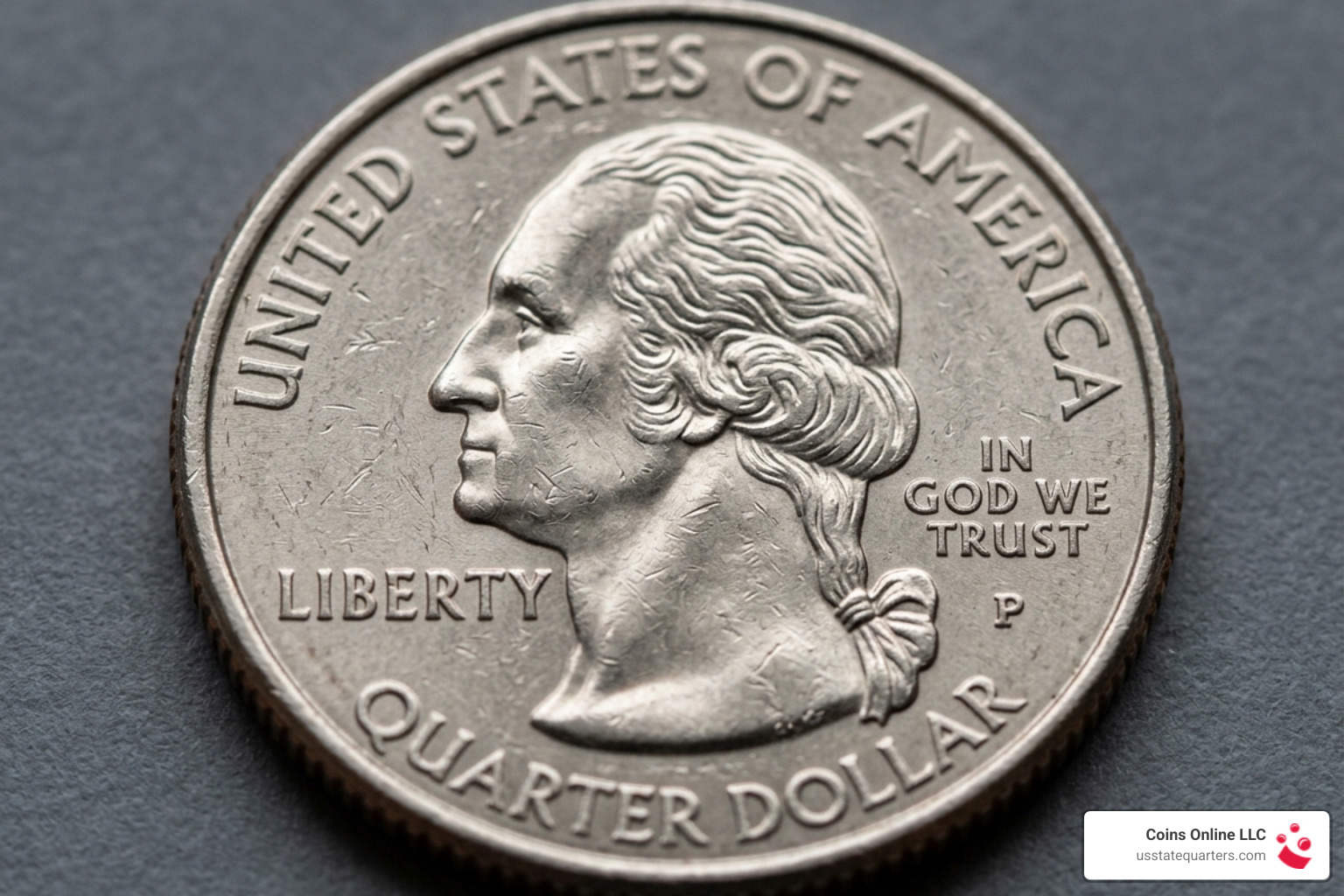 Close-up of the P, D, and S mint marks located to the right of the ponytail on the obverse of a 2007 Washington Quarter - washington statehood quarter