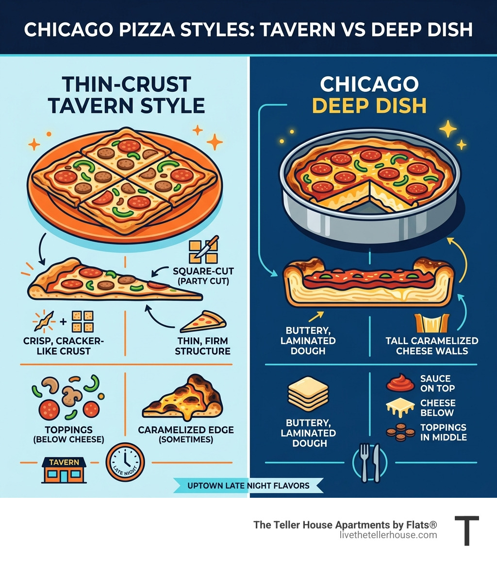 Comparison of Chicago thin-crust tavern style vs deep dish pizza styles infographic - late night pizza Uptown infographic 