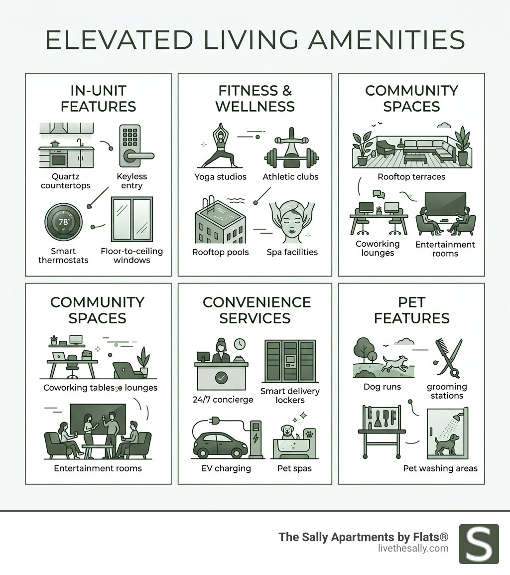 Categories of luxury apartment amenities: in-unit, wellness, community, convenience, and pet features - high end apartment