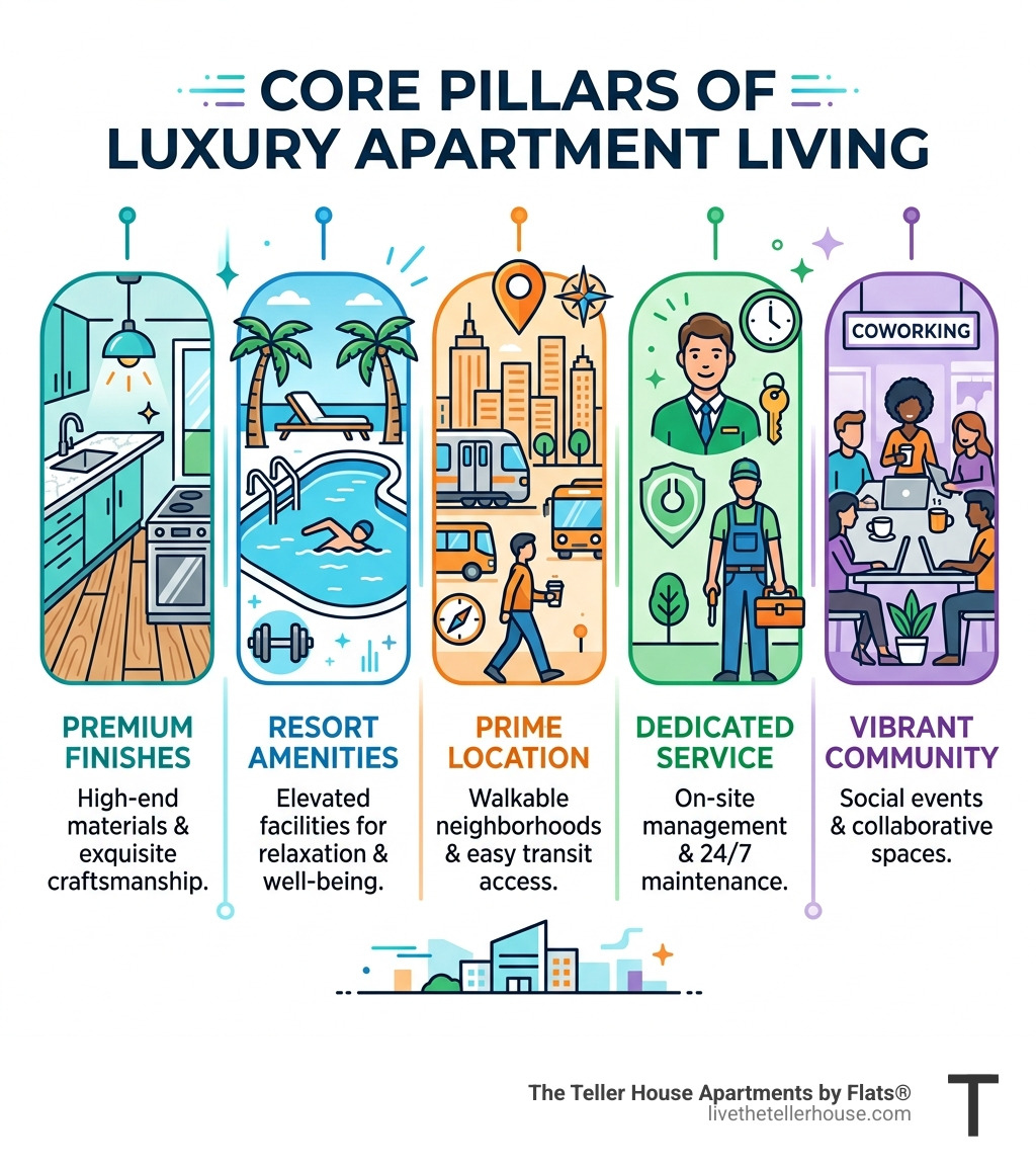 Core pillars of luxury apartment living: finishes, amenities, location, service, and community - luxury apartments near me