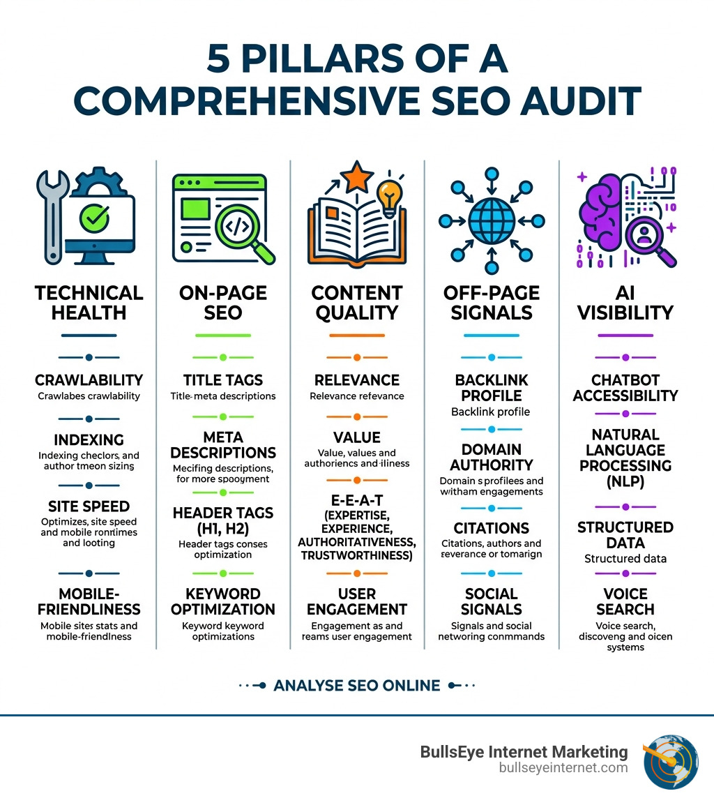 5 pillars of a comprehensive SEO audit: Technical Health, On-Page SEO, Content Quality, Off-Page Signals, AI Visibility 5 pillars of a comprehensive SEO audit infographic highlighting technical health, on-page SEO, content quality, off-page signals, and AI visibility, branded by BullsEye Internet Marketing.