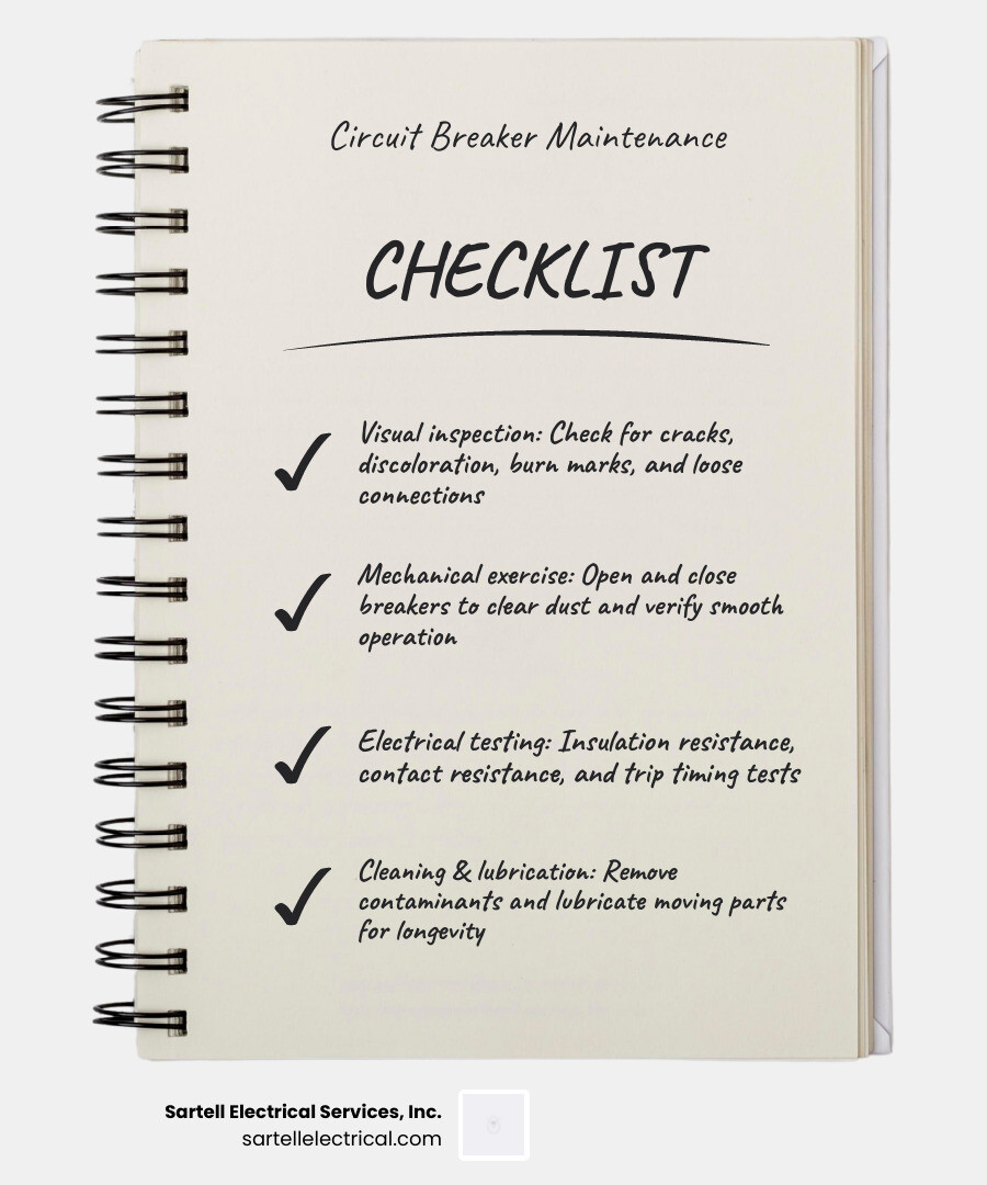Infographic showing circuit breaker tripping process, internal components, and maintenance task summary by breaker type