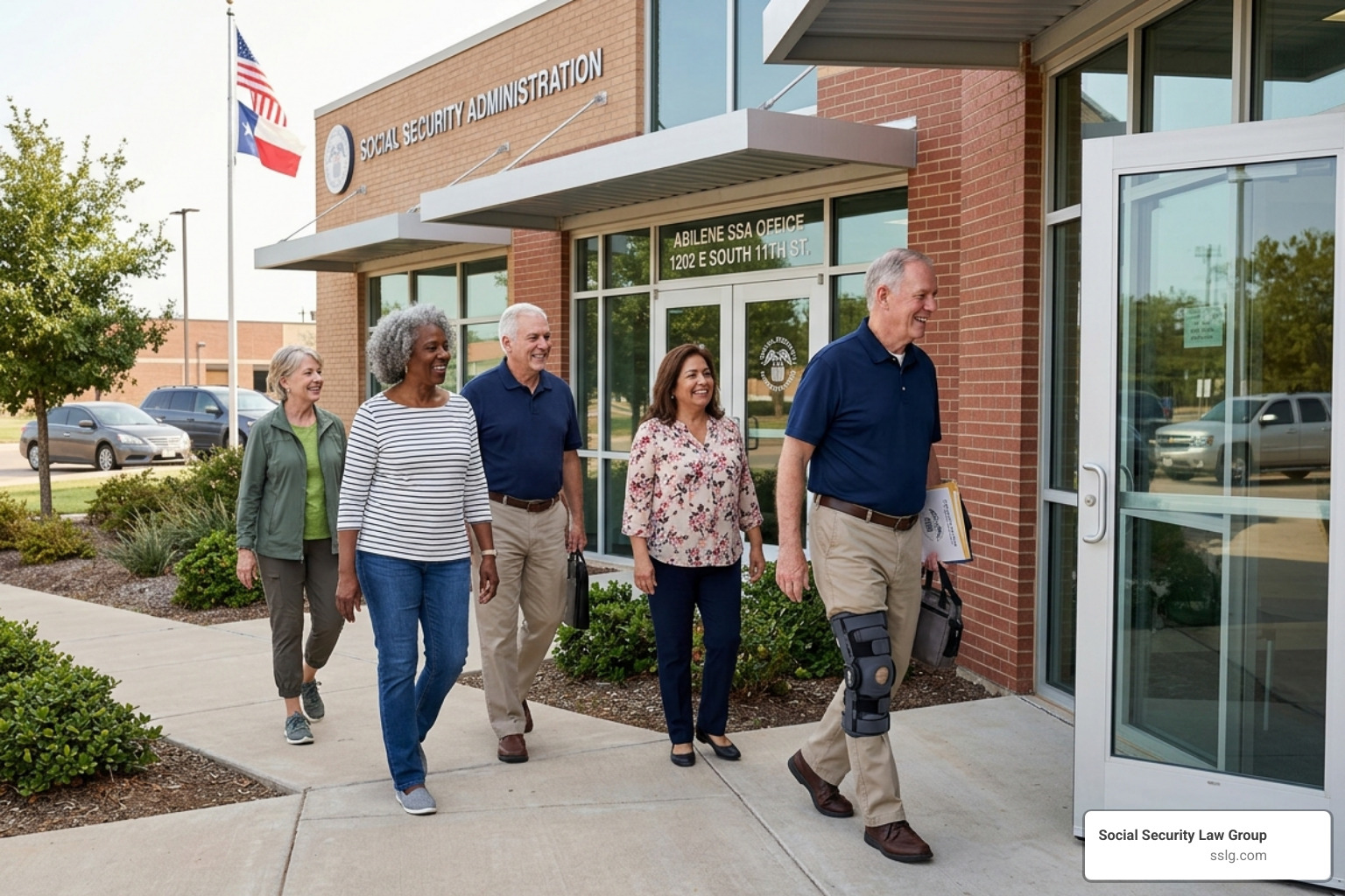 Diverse group of active seniors around age 60, one using a knee brace, entering the Abilene SSA office for a scheduled