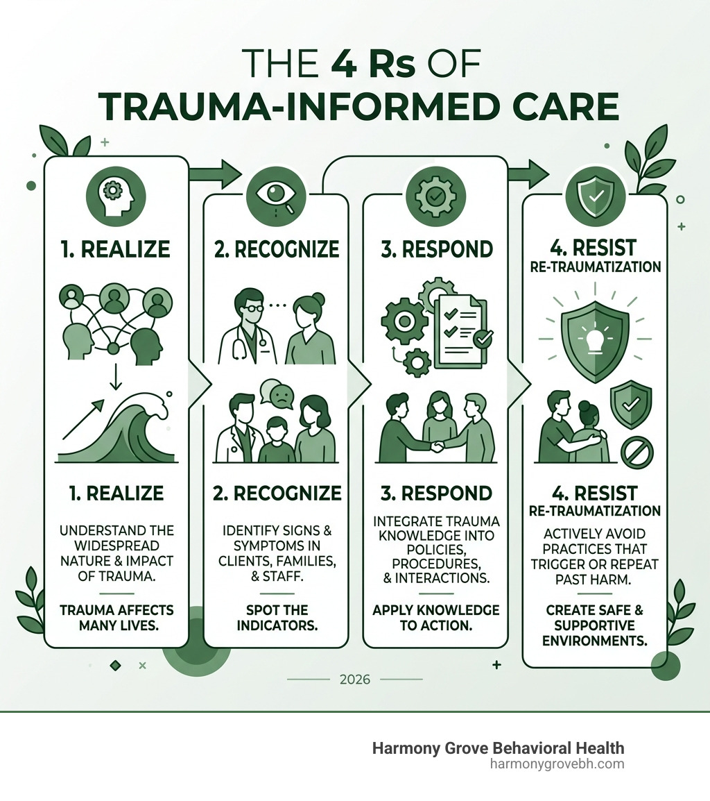 Infographic showing the 4 Rs of trauma-informed care: Realize, Recognize, Respond, Resist re-traumatization - trauma