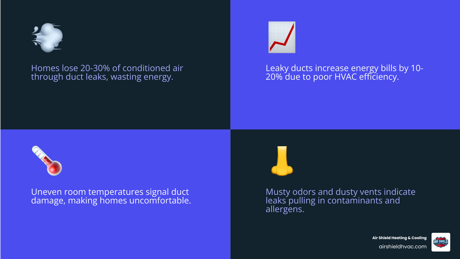 Infographic showing how homes lose 20-30% of conditioned air through duct leaks, common signs, and repair options - air duct