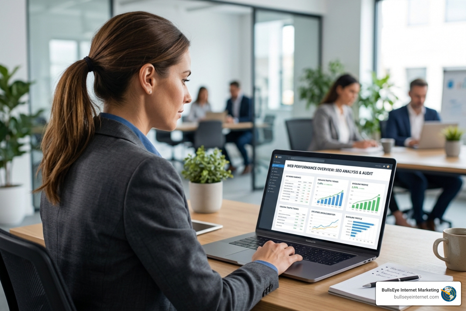 Website traffic growth chart showing steady upward trend after SEO optimization - analyse seo online Businesswoman analyzing SEO performance on laptop in modern office, showcasing web performance overview with graphs and metrics.