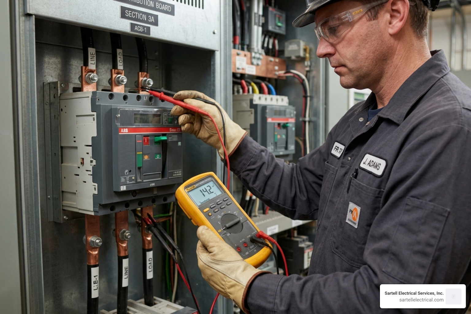 Electrician performing a millivolt drop test on a circuit breaker to check for contact resistance - preventive maintenance