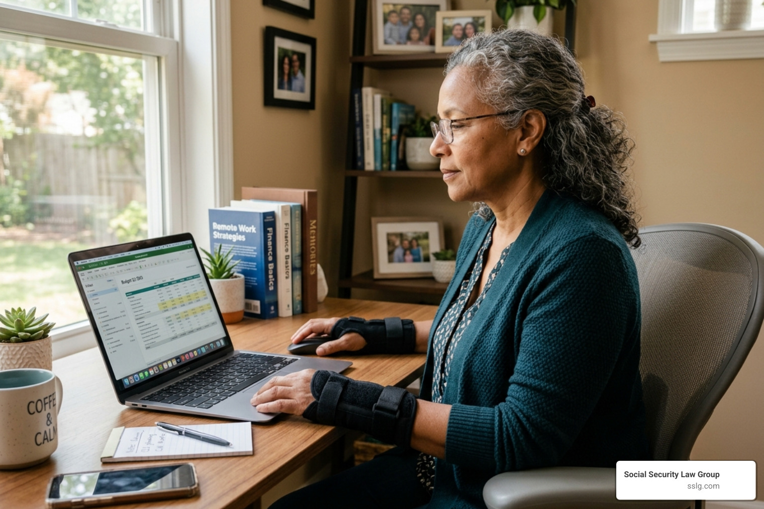 A woman in her 60s with a wrist brace looking at a laptop screen, appearing focused but calm: social security survivors