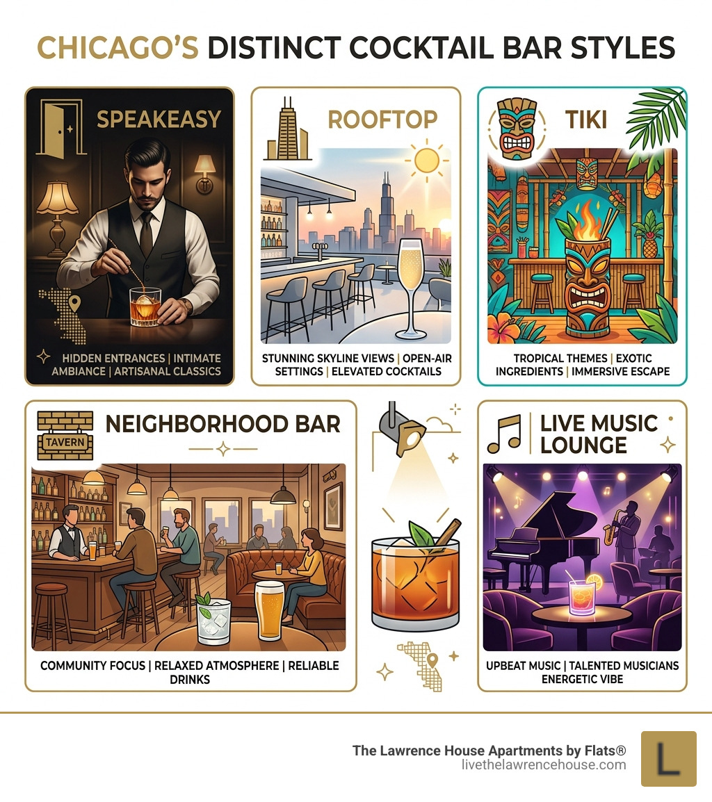styles of cocktail bars in Chicago: speakeasy, rooftop, tiki, neighborhood bar, live music lounge - fun cocktail bars