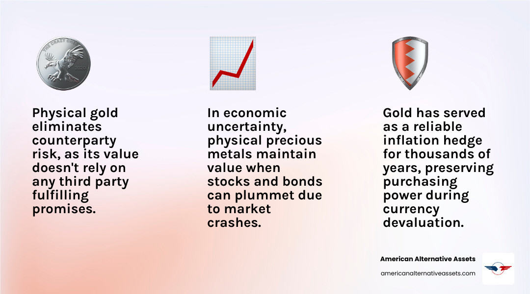 Infographic showing key benefits of a Gold IRA including inflation hedge, tax advantages, and physical ownership - best gold