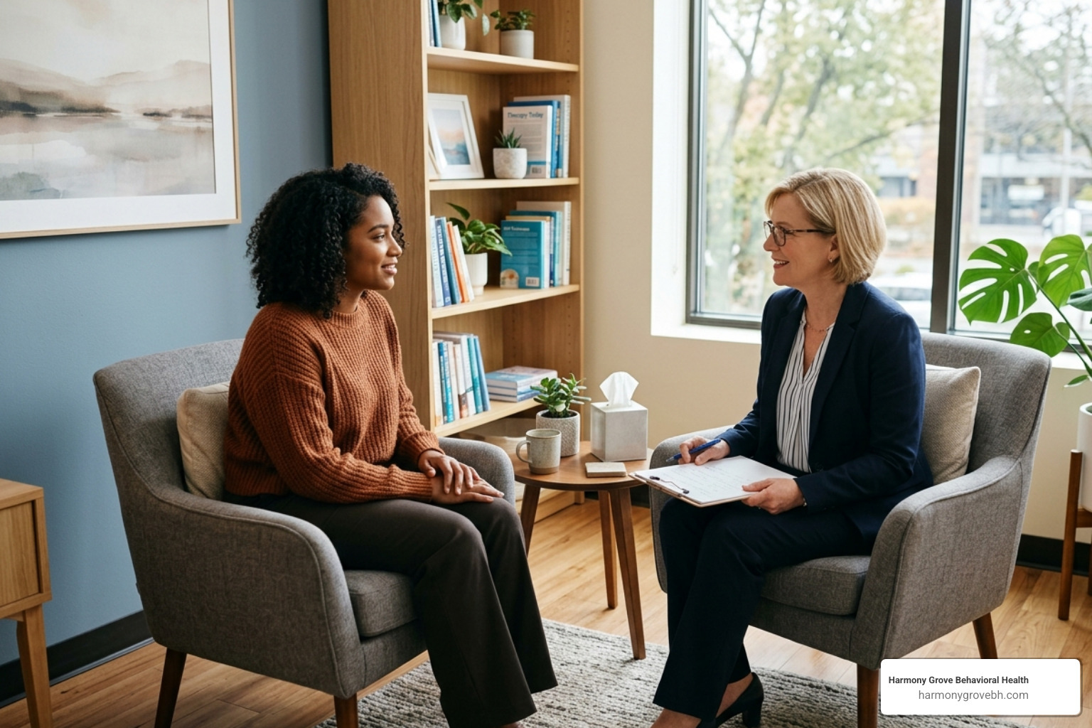 A person sitting in a comfortable office during a clinical consultation with a mental health professional - Bipolar disorder