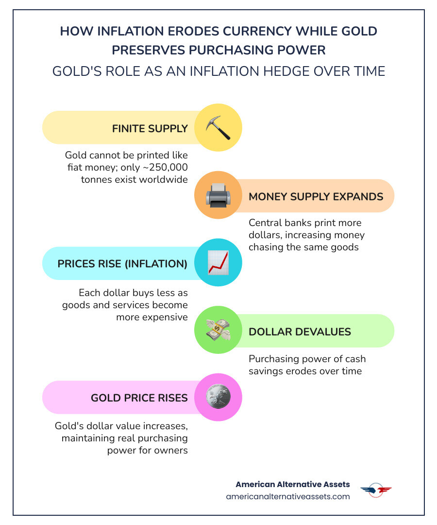Infographic showing how inflation erodes currency value while gold preserves purchasing power over time - how does gold