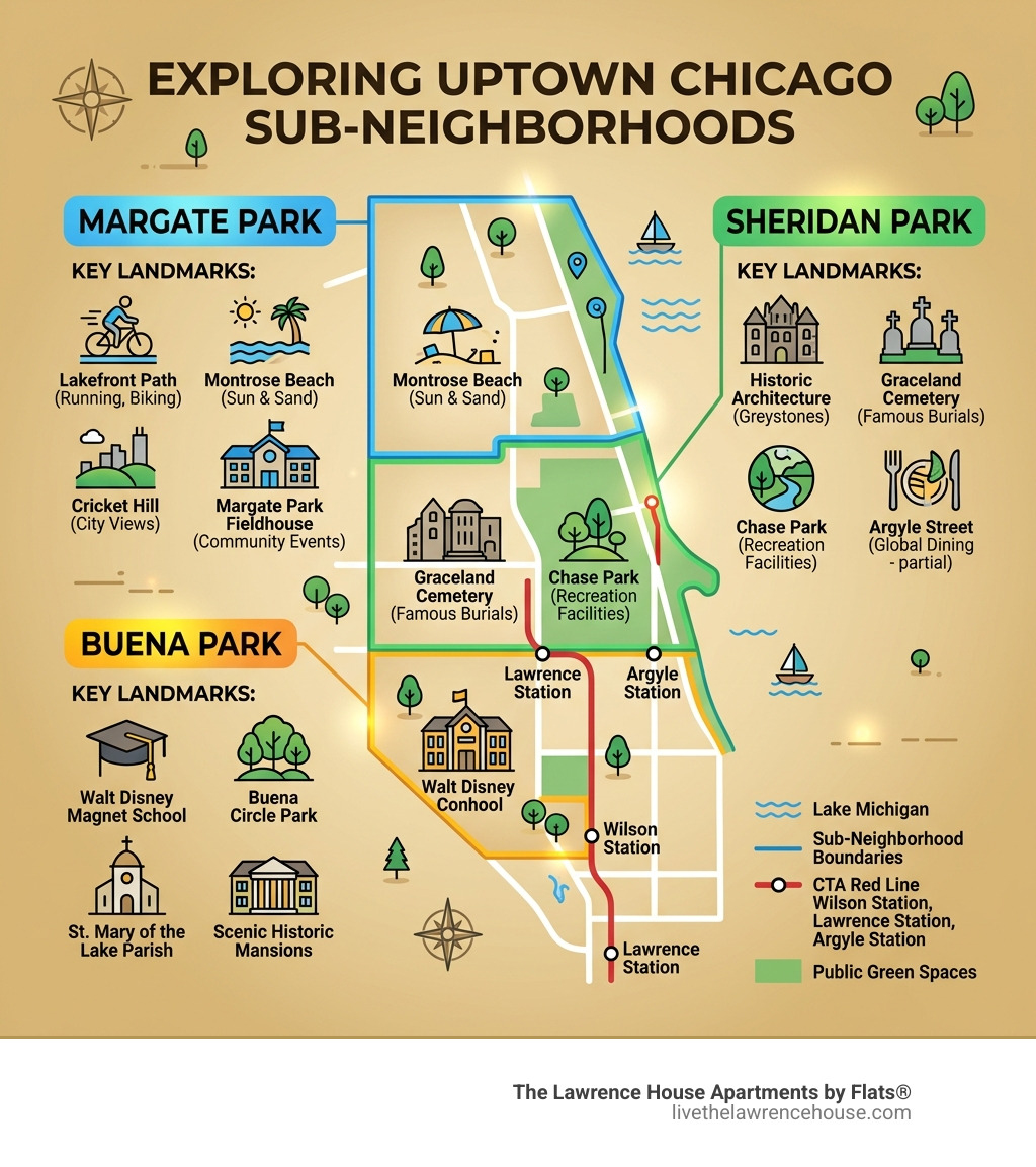 Uptown Chicago sub-neighborhoods map showing Margate Park, Sheridan Park, and Buena Park with key landmarks - chicago il