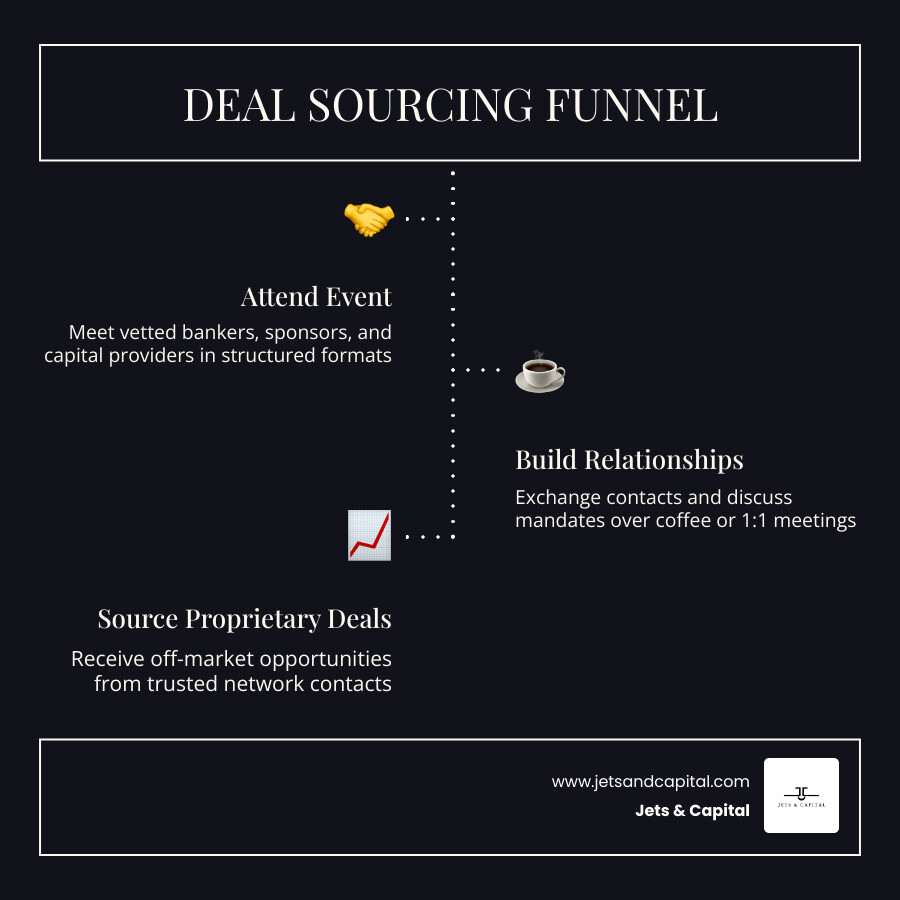 Deal sourcing funnel from event attendance to closed transaction with key stages - deal sourcing events infographic