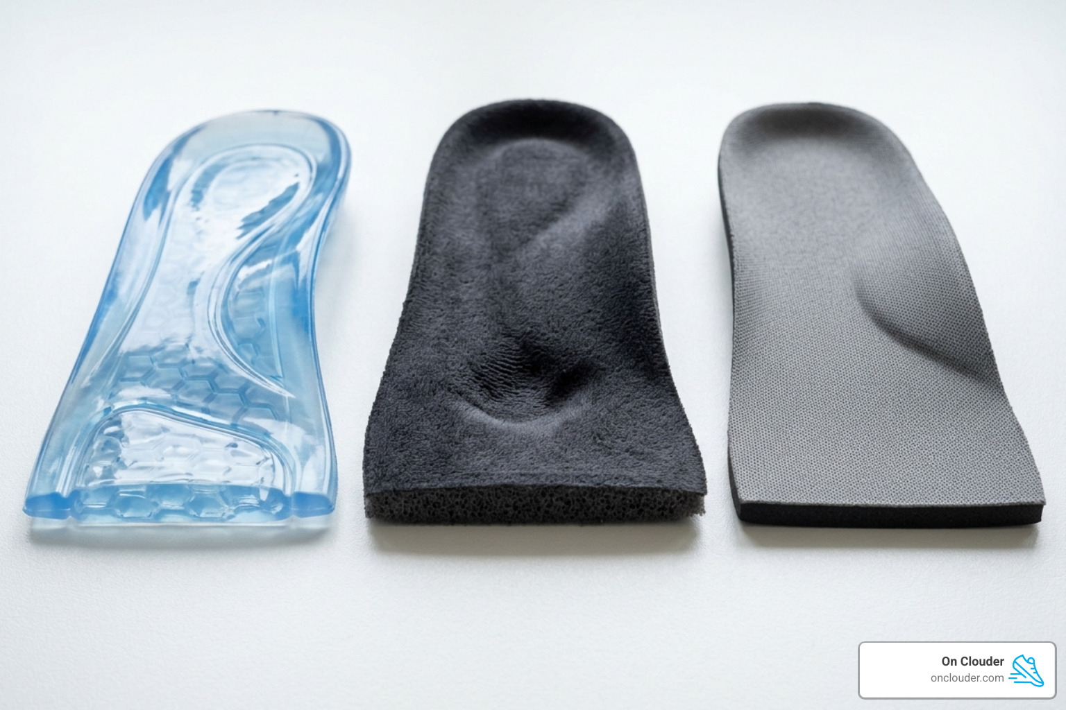 Comparison of gel, memory foam, and semi-rigid EVA textures - gel insoles high arches