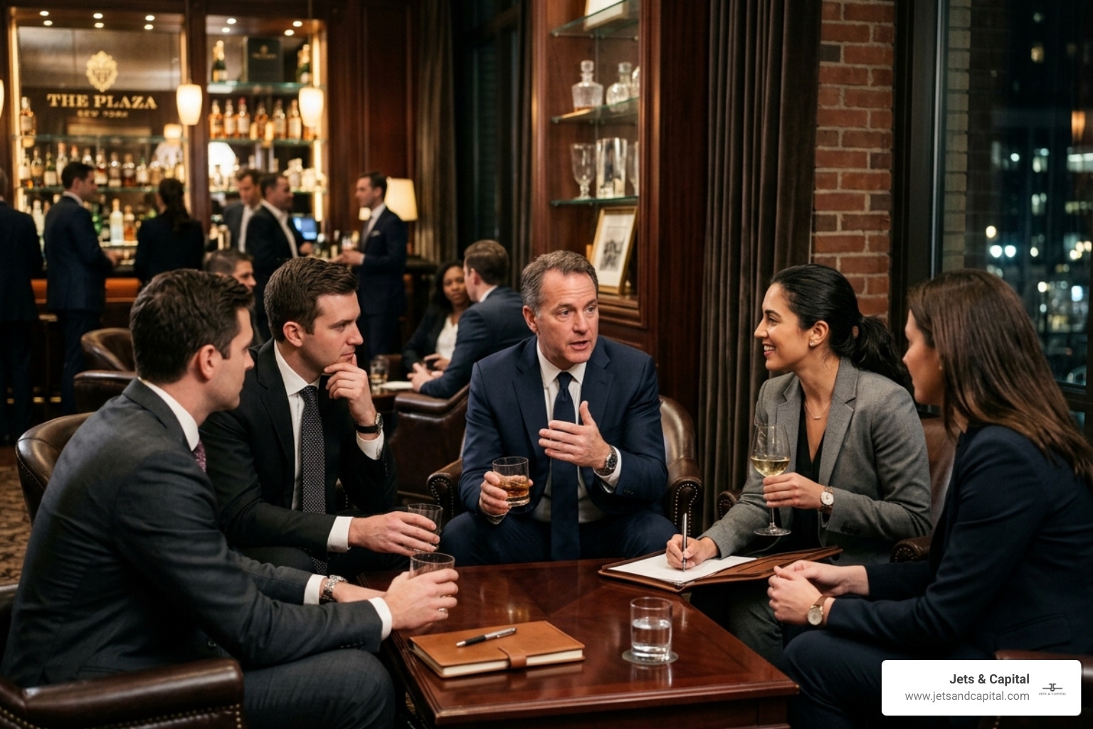 private equity professionals in deep discussion at a high-end networking lounge - deal sourcing events