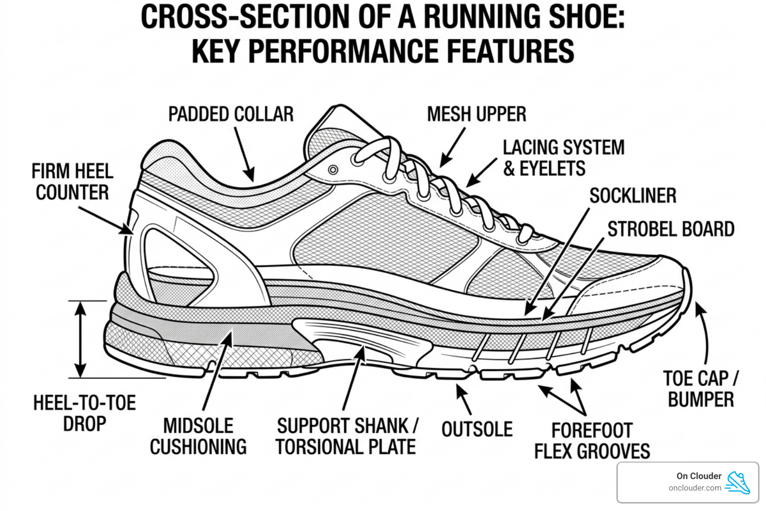 Diagram of a running shoe highlighting the midsole and heel counter - best running shoes for plantar fasciitis men