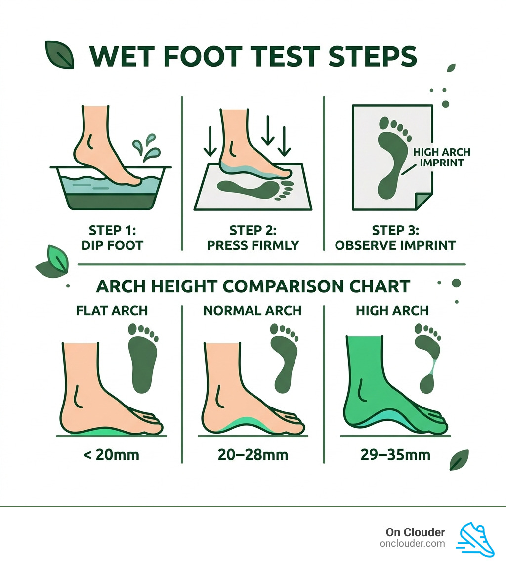 Infographic showing wet foot test steps and arch height comparison chart for high arches - gel insoles high arches