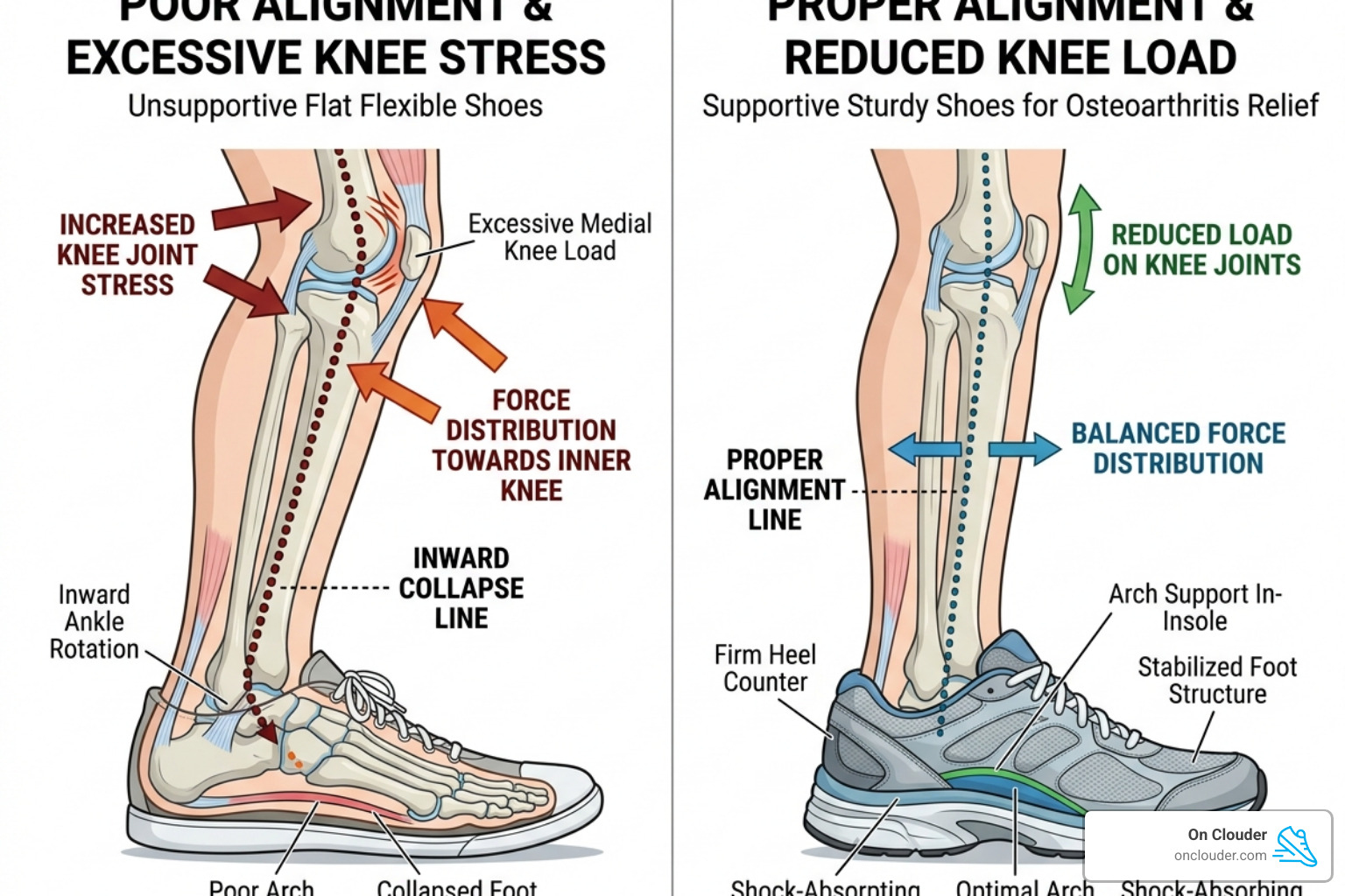 Diagram comparing foot and knee alignment in supportive vs. unsupportive shoes - best shoes for arthritic knees