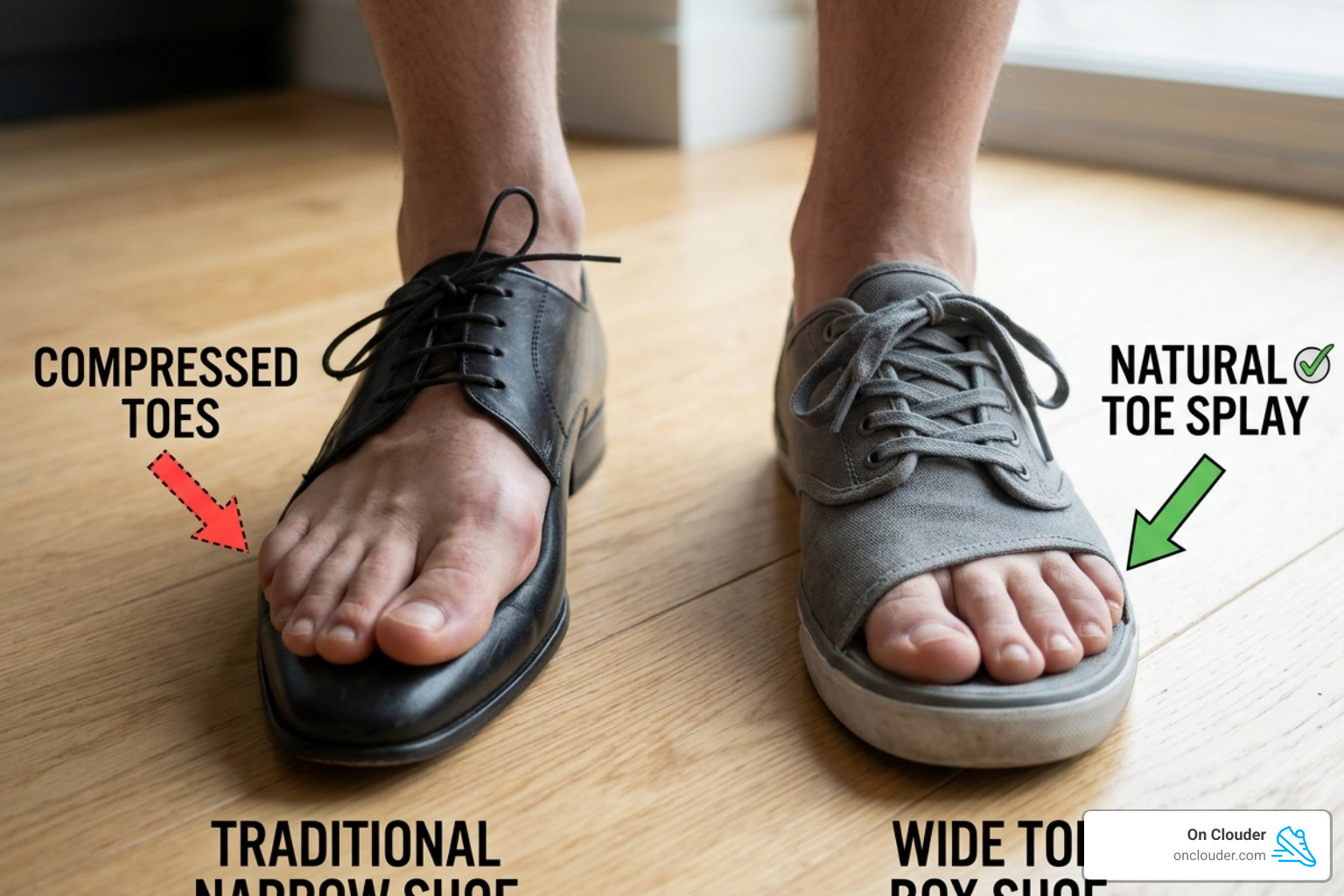 Comparison of narrow vs wide toe boxes showing toe compression vs natural splay - shoes with wide toe box